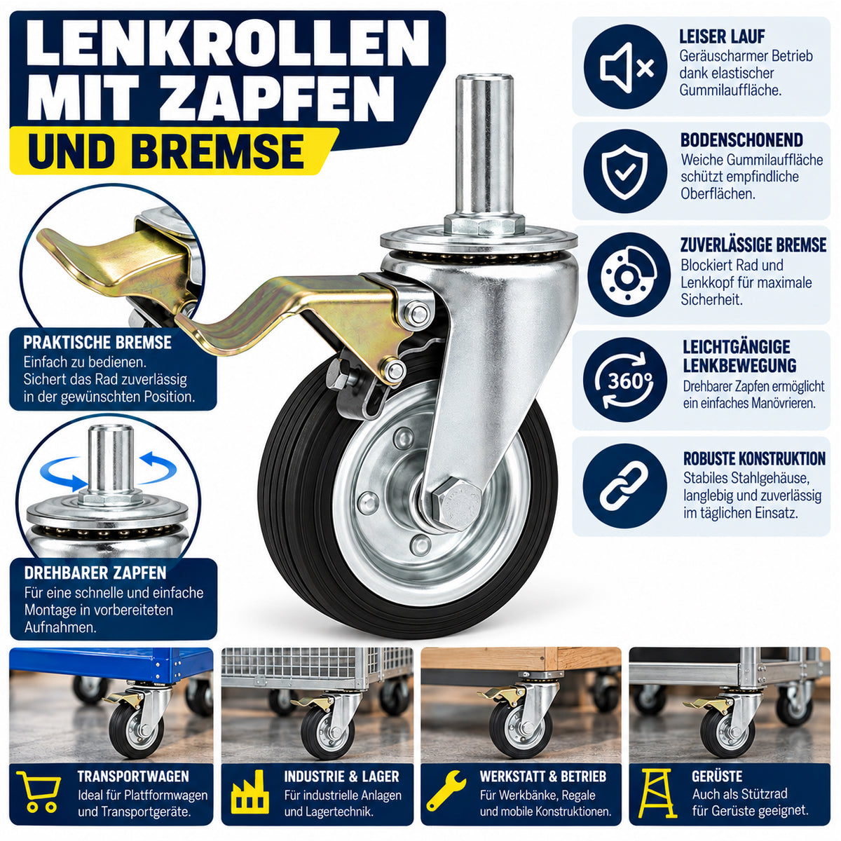 Metall-Gummiräder mit Befestigungsstift und Bremse Lenkrollen  Ø200 mm Code: 66H*32