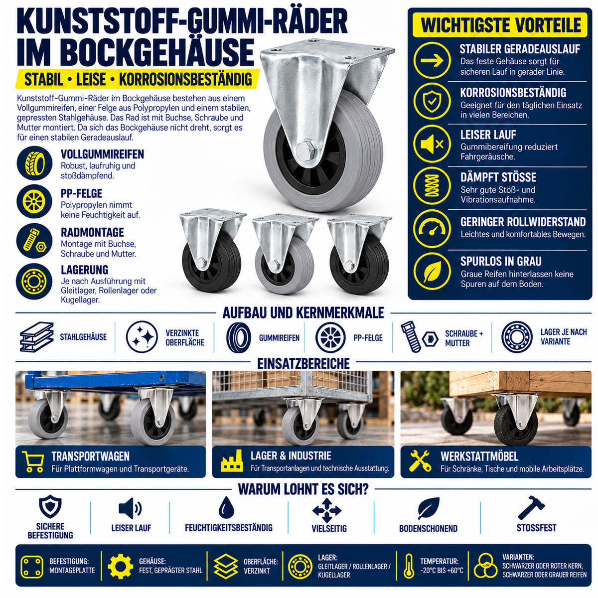 Kunststoff-Gummiräder in Bockrollengehäusen Lenkrolle Ø200 mm mit Platte Code: 63TSŁ