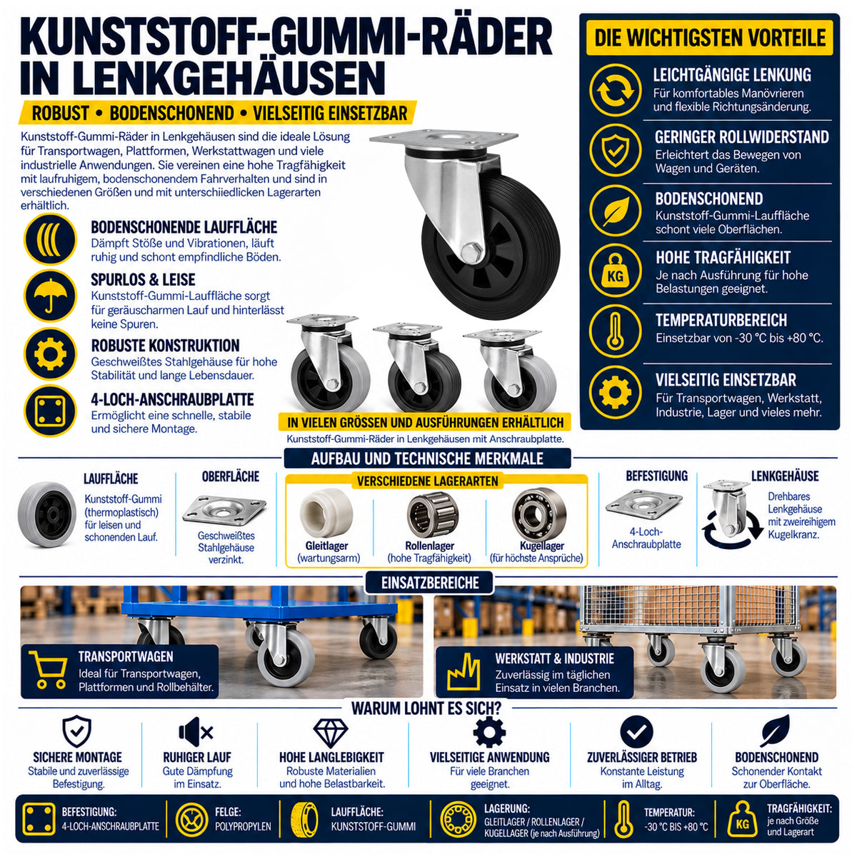 Kunststoff-Gummirrad mit Anschraubplatte Lenkrolle Ø100 mm mit Platte Code: 12LTS