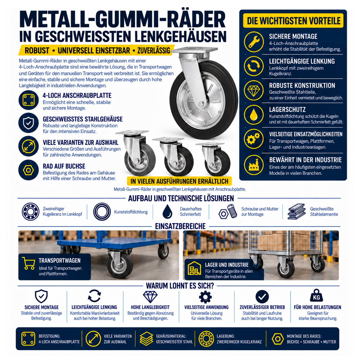 Metall-Gummiräder mit Befestigungsplatte Lenkrolle Ø250 mm mit Platte Code: 92MNNL