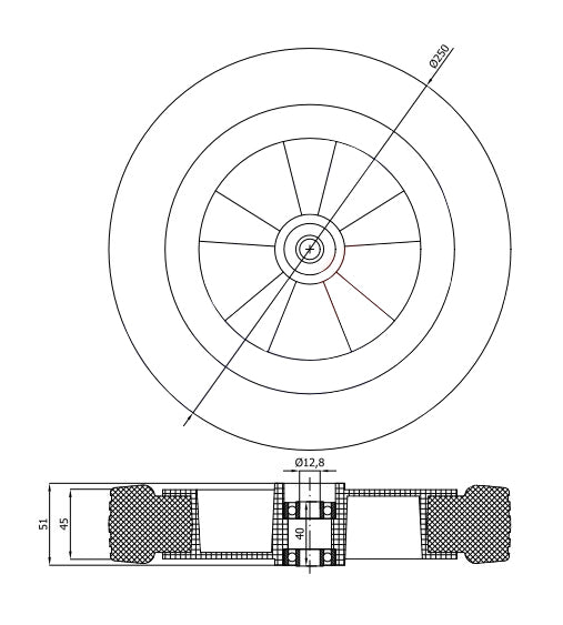 Rasenmäherrad 250 mm – Universal Ersatzrad aus Vollgummi mit Kugellager, Code: K250LL