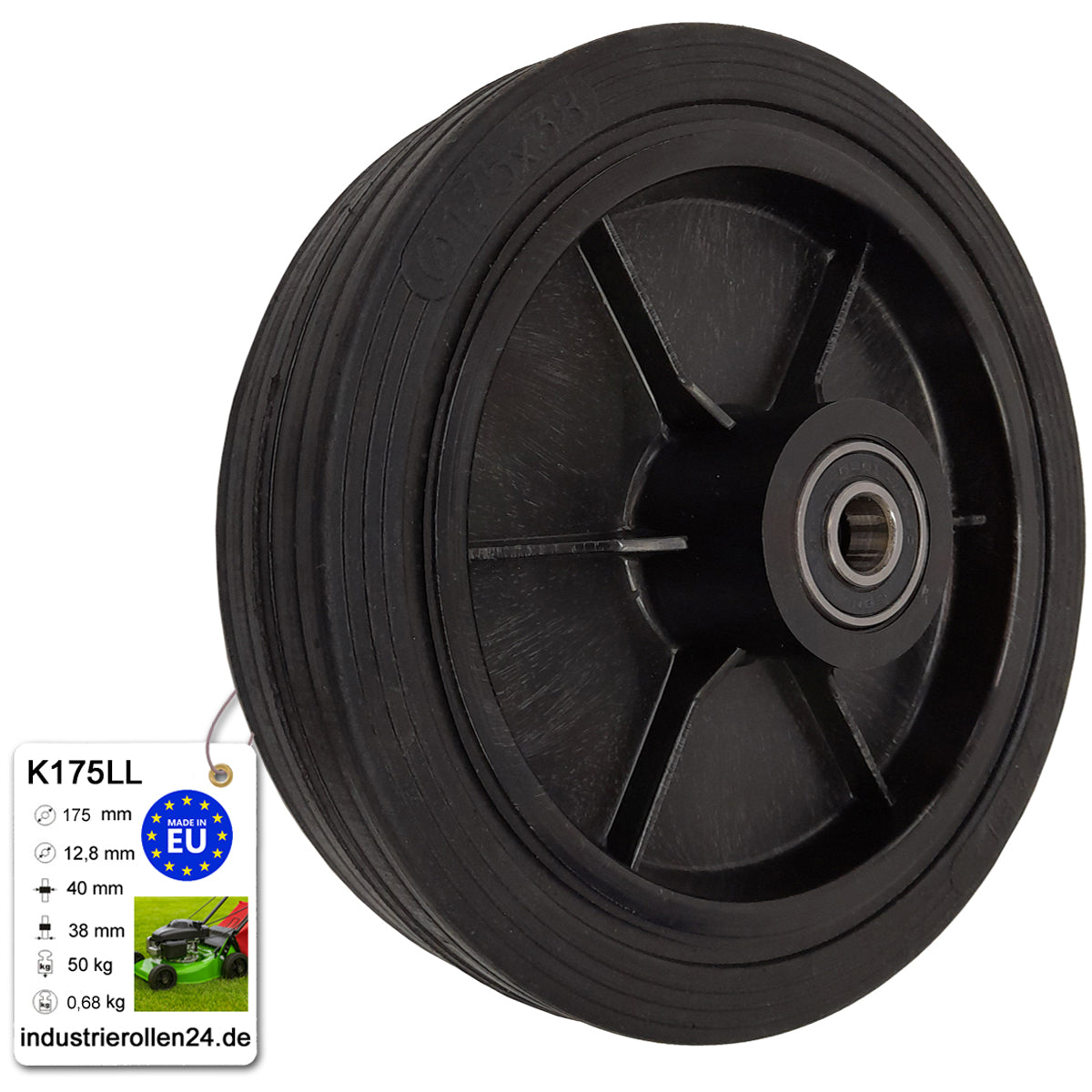 Rasenmäherrad 175 mm – Universal Ersatzrad aus Vollgummi mit Kugellager, Code: K175LL