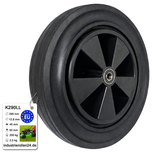 Rasenmäherrad 290 mm – Universal Ersatzrad aus Vollgummi mit Kugellager, Code: K290LL