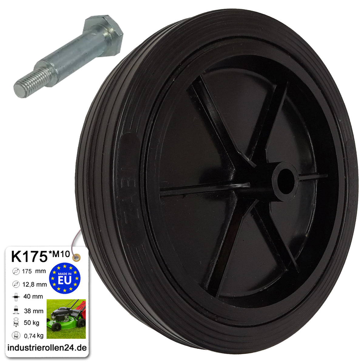 Rasenmäherrad 175 mm – Universal Ersatzrad aus Vollgummi + Montage-Set, Code: K175*M10