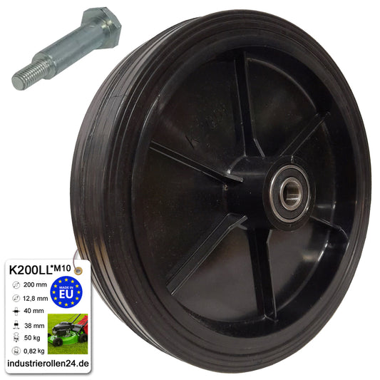 Rasenmäherrad 200 mm – Universal Ersatzrad aus Vollgummi mit Kugellager + Montage-Set, Code: K200LL*M10
