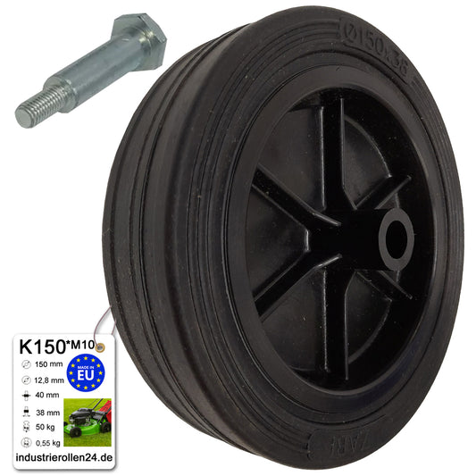Rasenmäherrad 150 mm – Universal Ersatzrad aus Vollgummi + Montage-Set, Code: K150*M10