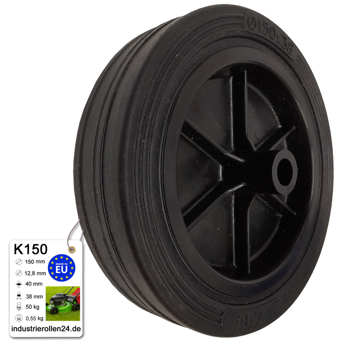 Rasenmäherrad 150 mm – Universal Ersatzrad aus Vollgummi für Rasenmäher, Code: K150