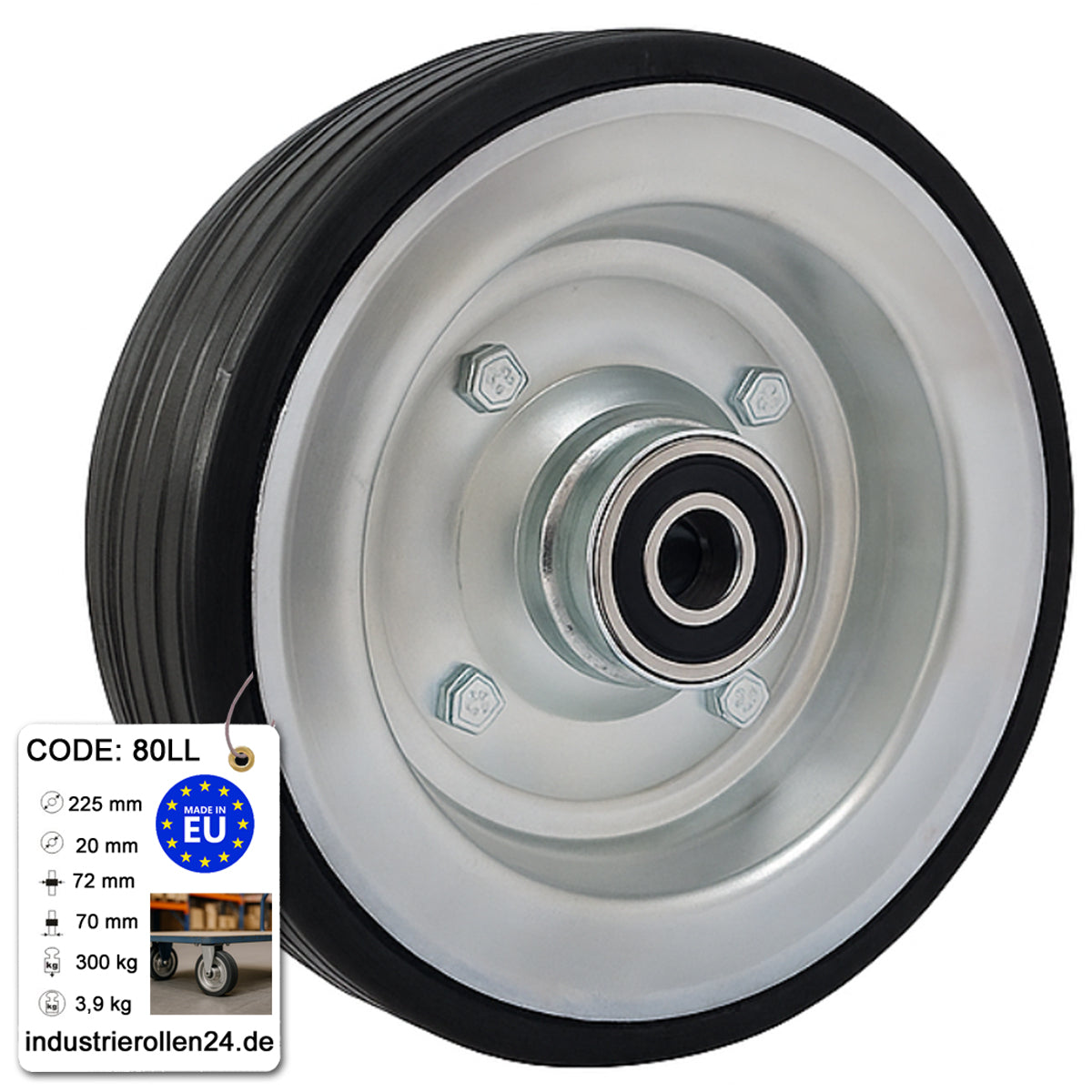 Ersatzrad Ø225 mm – Vollgummi Industrierad mit Kugellager für Transportwagen, Code: 80LL
