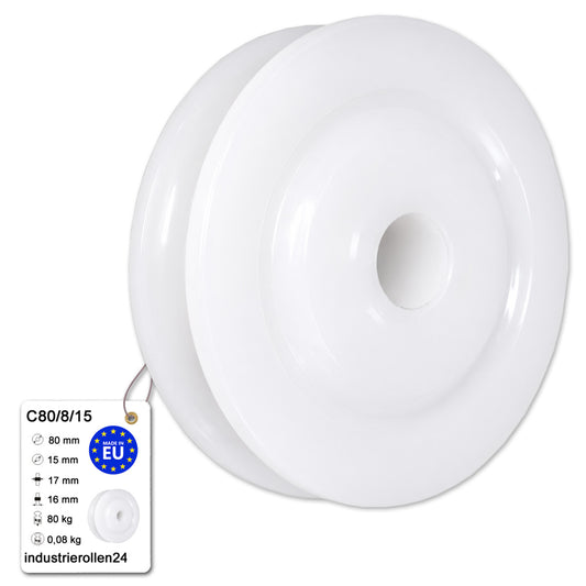 Seilrolle mit Gleitlager Ø80mm Polyamid Kunststoffrolle für Seil Ø8 mm C80/8/15