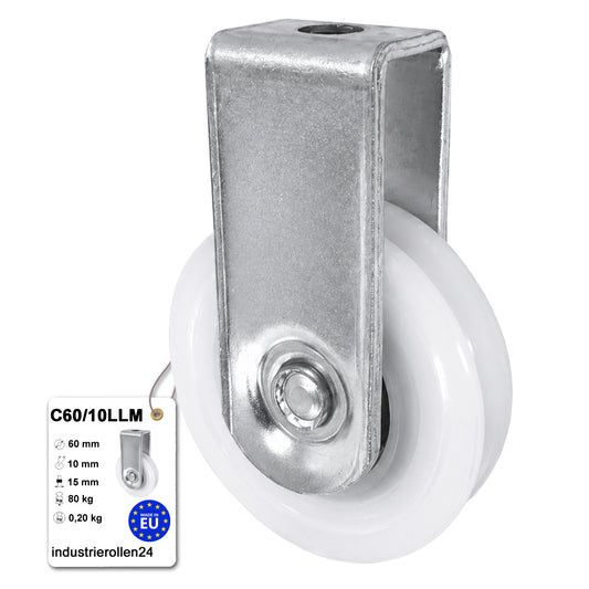 Polyamid Seilrolle Ø60 mm mit Kugellager und Halterung für Seil Ø10: C60/10LLM