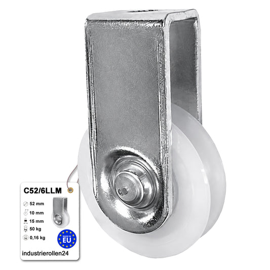 Polyamid Seilrolle Ø52 mm mit Kugellager und Halterung für Seil Ø6: C52/6LLM