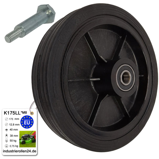 Rasenmäherrad 175 mm – Universal Ersatzrad aus Vollgummi mit Kugellager + Montage-Set, Code: K175LL*M8