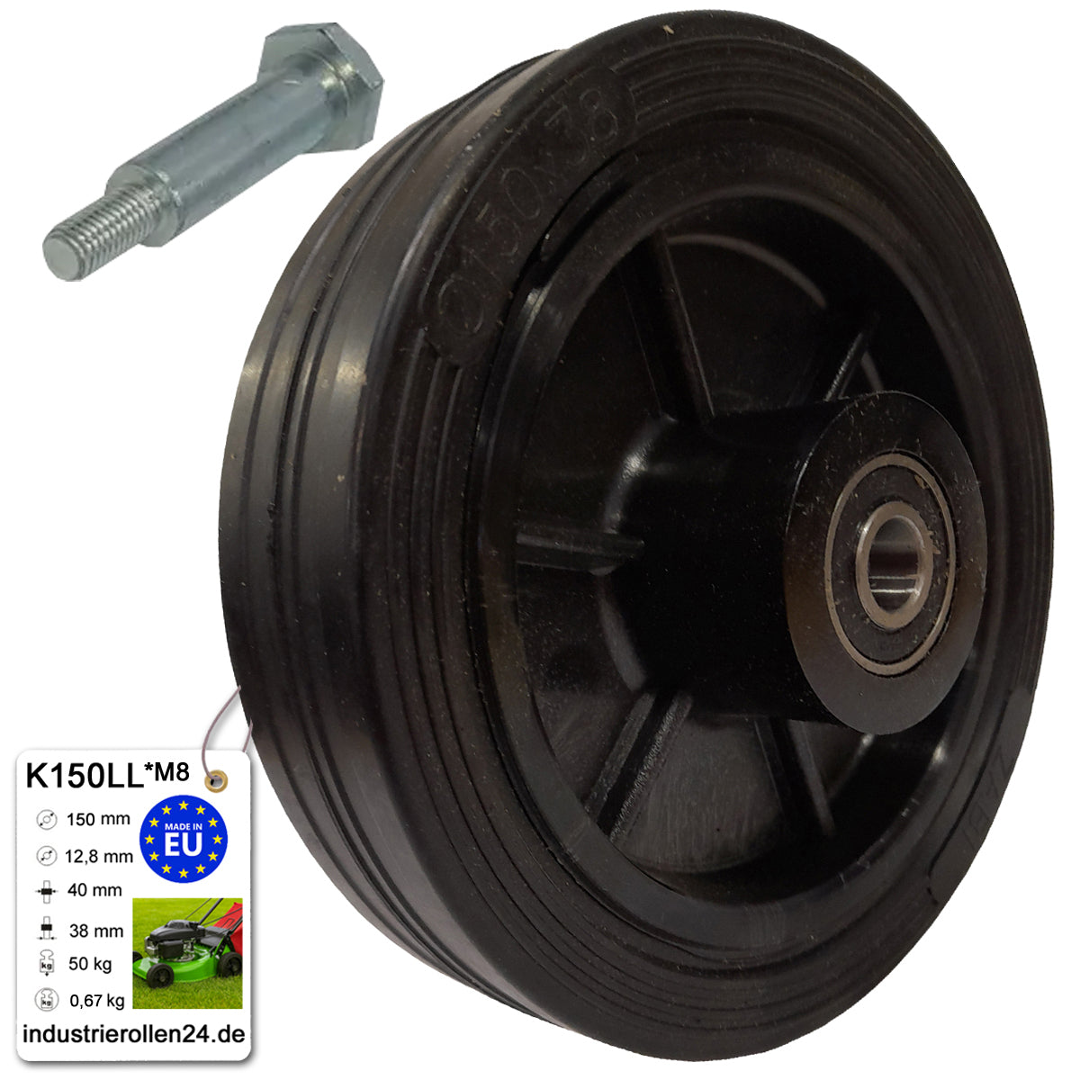 Rasenmäherrad 150 mm – Universal Ersatzrad aus Vollgummi mit Kugellager + Montage-Set, Code: K150LL*M8