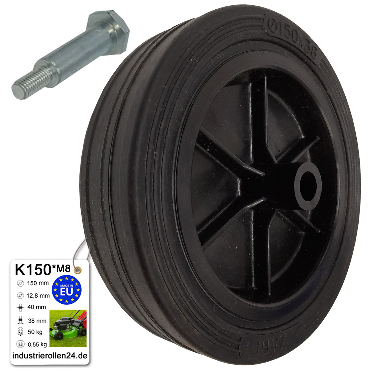 Rasenmäherrad 150 mm – Universal Ersatzrad aus Vollgummi + Montage-Set, Code: K150*M8