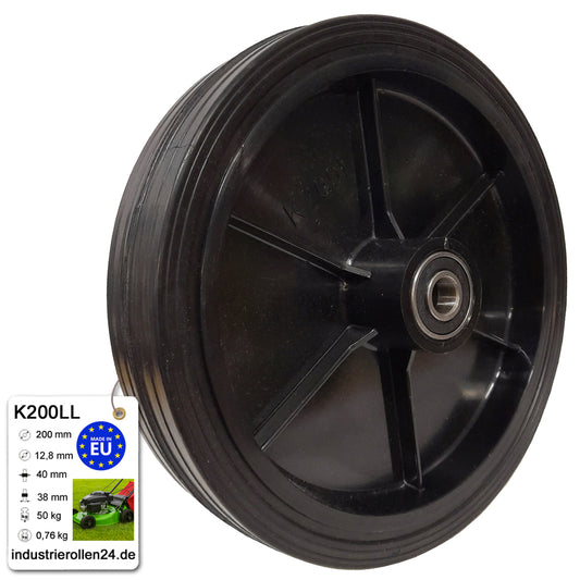 Rasenmäherrad 200 mm – Universal Ersatzrad aus Vollgummi mit Kugellager, Code: K200LL