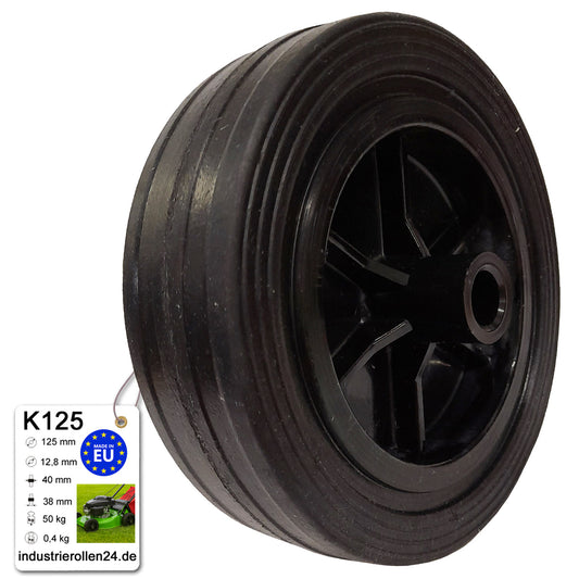 Rasenmäherrad 125 mm – Universal Ersatzrad aus Vollgummi für Rasenmäher, Code: K125