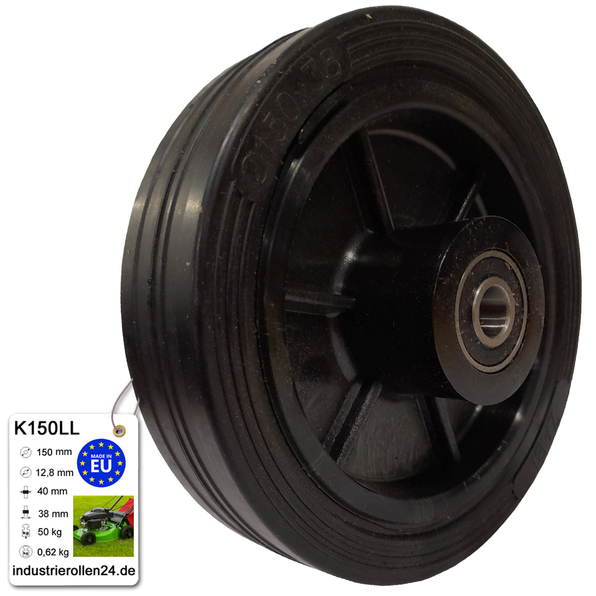 Rasenmäherrad 150 mm – Universal Ersatzrad aus Vollgummi mit Kugellager, Code: K150LL