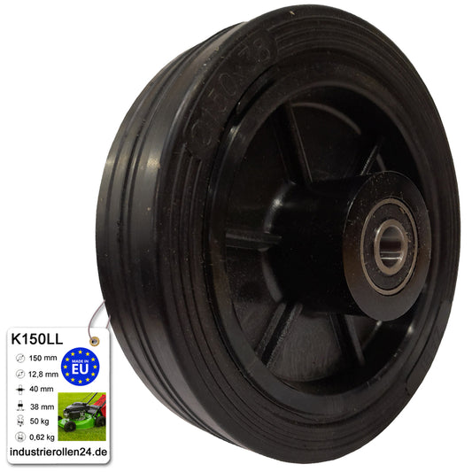 Rasenmäherrad 150 mm – Universal Ersatzrad aus Vollgummi mit Kugellager, Code: K150LL