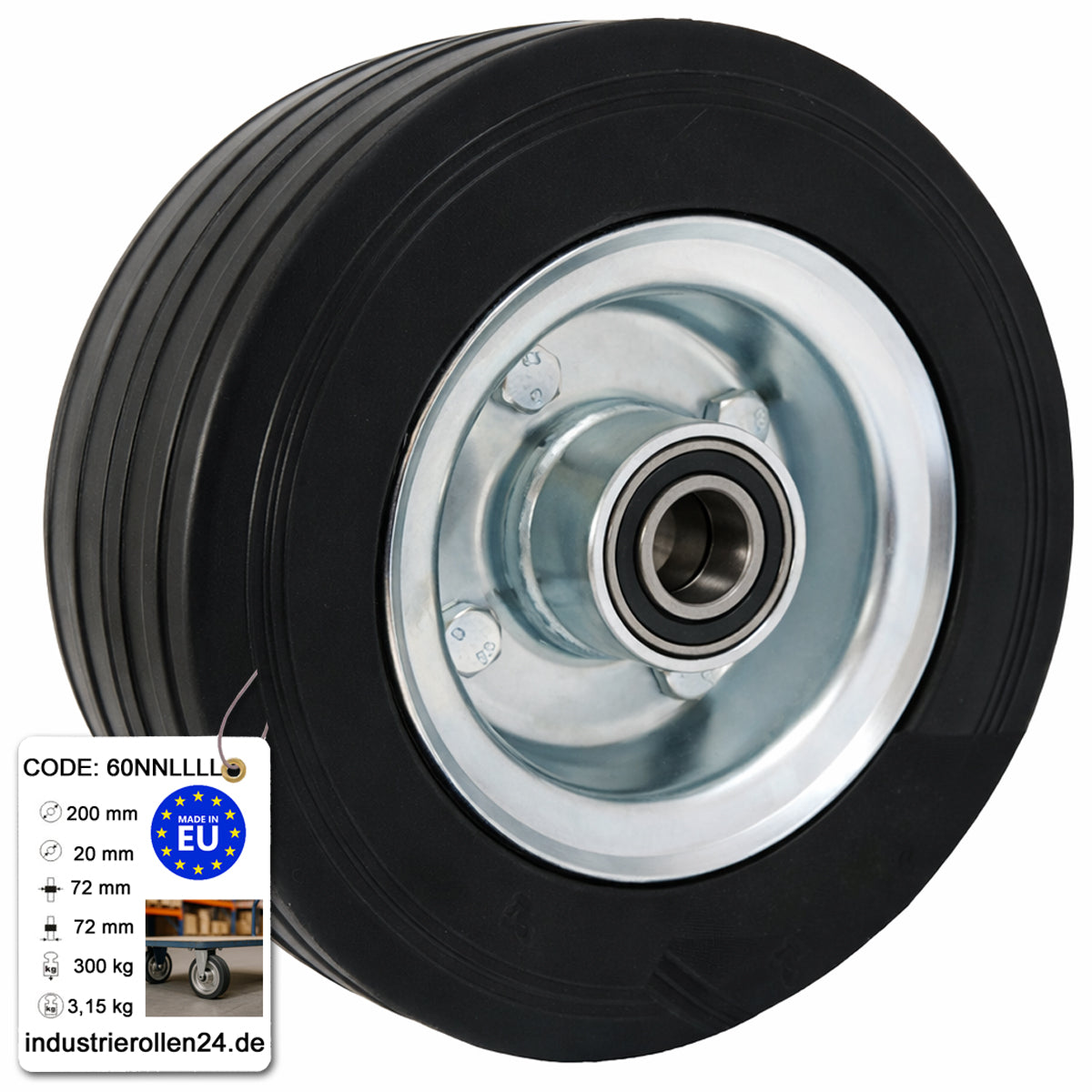 Ersatzrad Ø200 mm – Vollgummi Industrierad mit 4 x Kugellager für Transportwagen, Code: 60NNLLLL