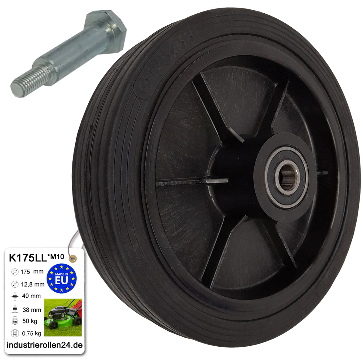 Rasenmäherrad 175 mm – Universal Ersatzrad aus Vollgummi mit Kugellager + Montage-Set, Code: K175LL*M10