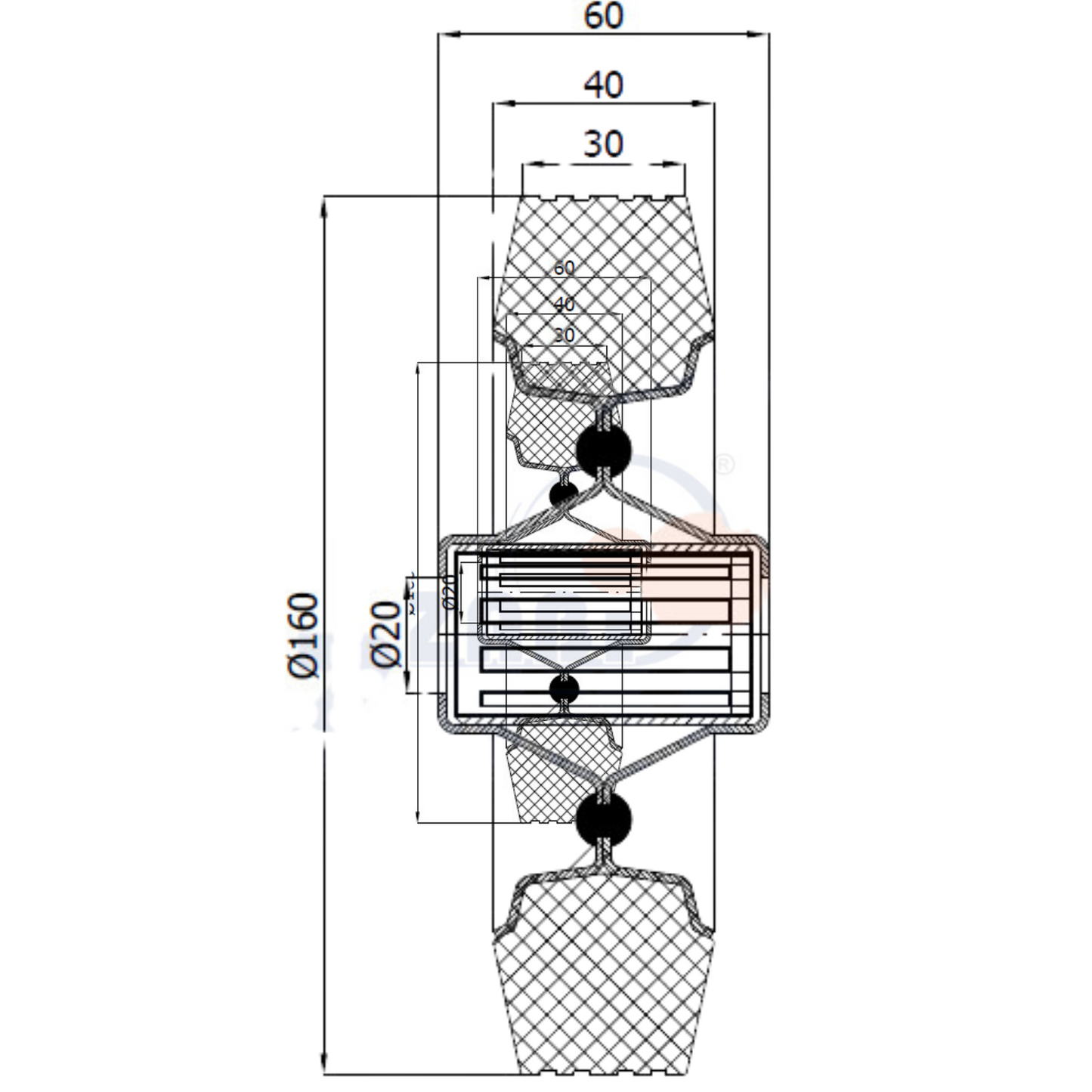Ersatzrad Ø160 mm – Vollgummi Industrierad für Transportwagen, Code: 40