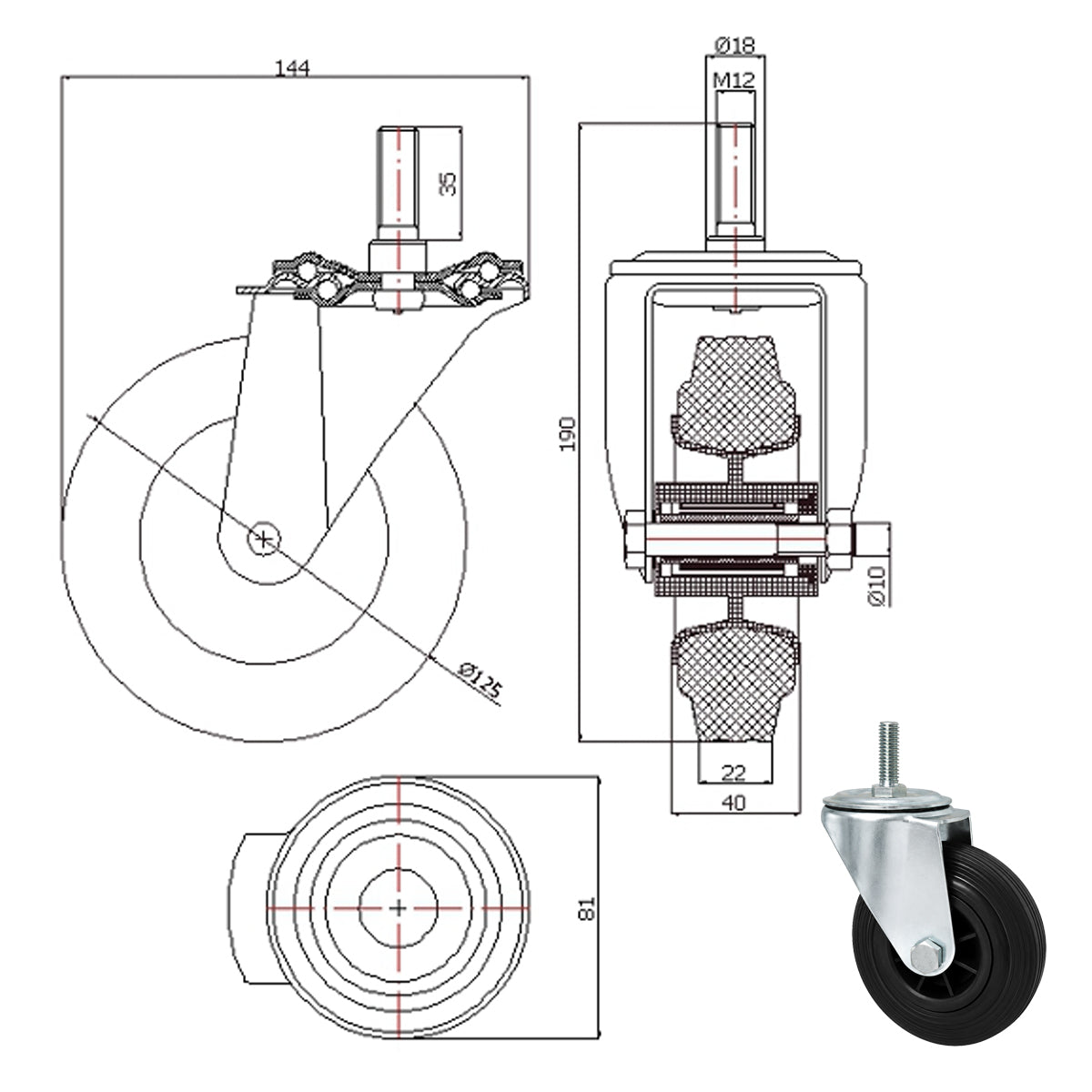 Kunststoff-Gummiräder mit Befestigungsstift Lenkrollen Ø125 mm Code: 24MT*M12