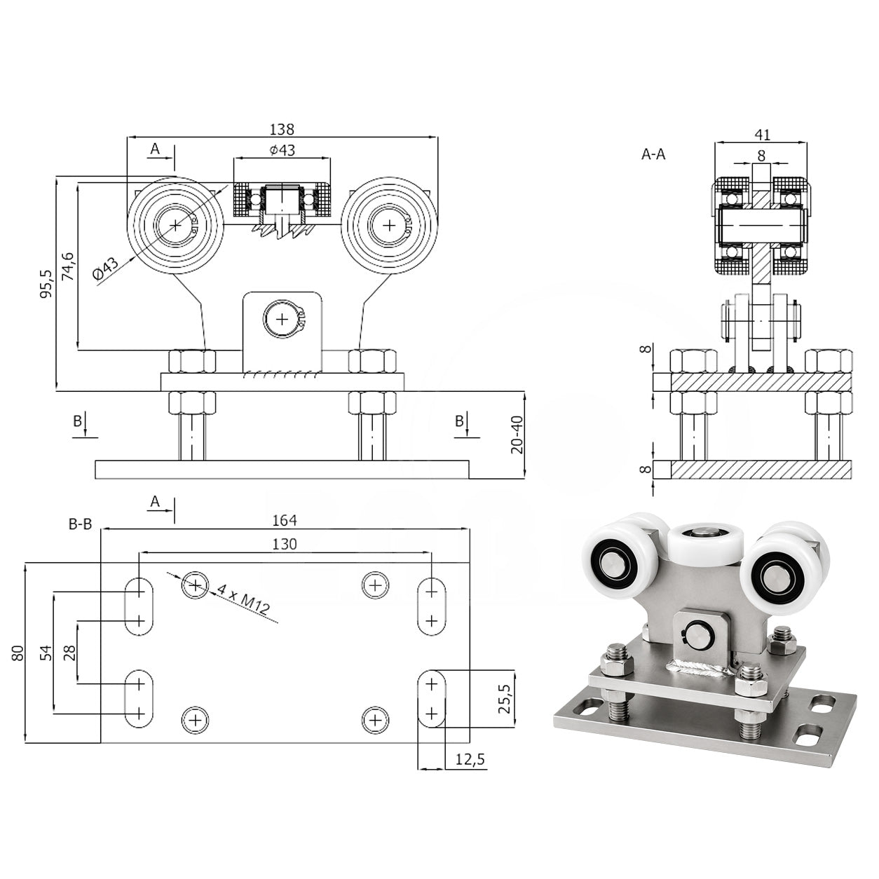 Torwagen für Schiebetore - für Profile 50x50 mm - Wandstärke 2,5 mm: WR-5T-50