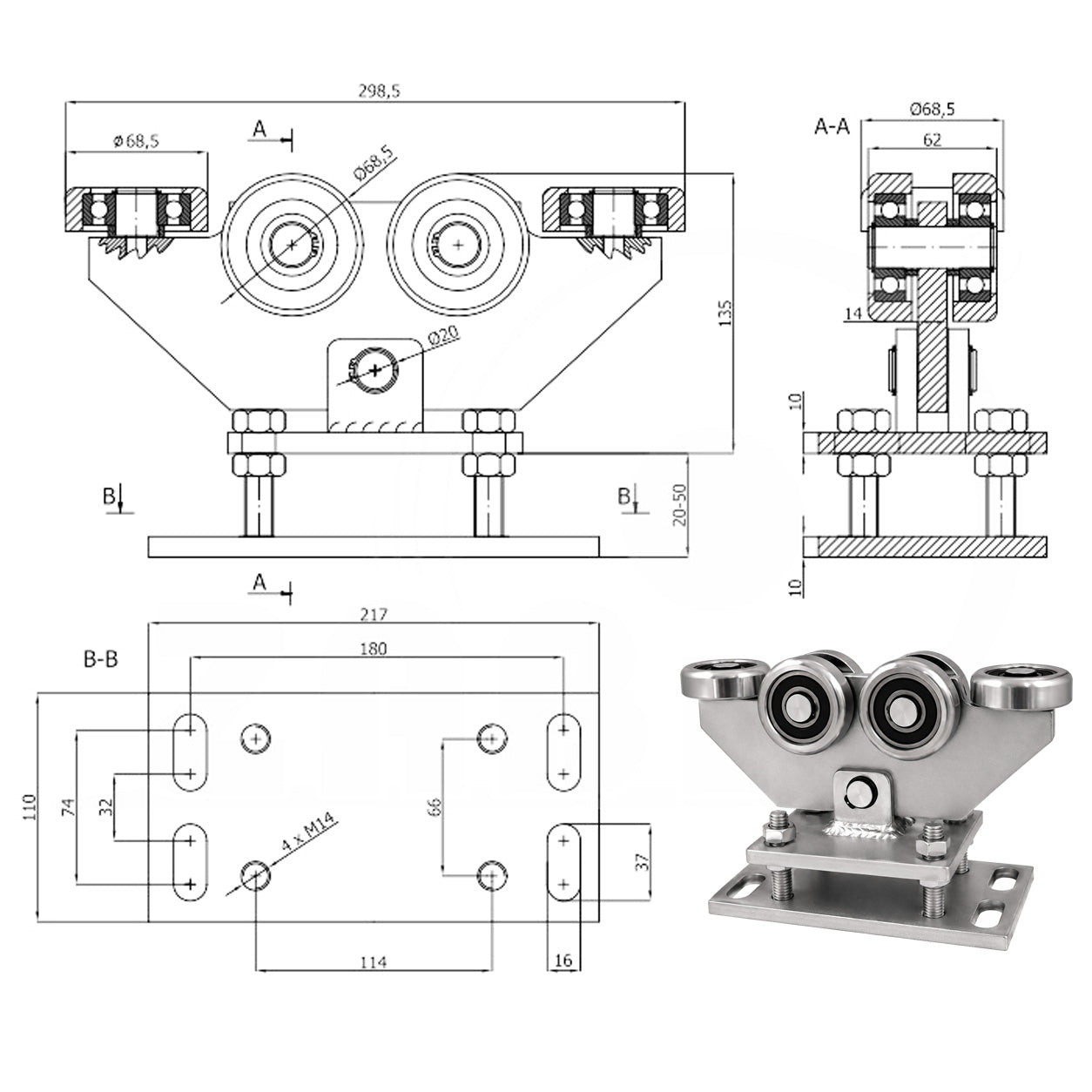Torwagen für Schiebetore - für Profile 80 x 80 mm - Wandstärke 5 mm: WR-6MM-80