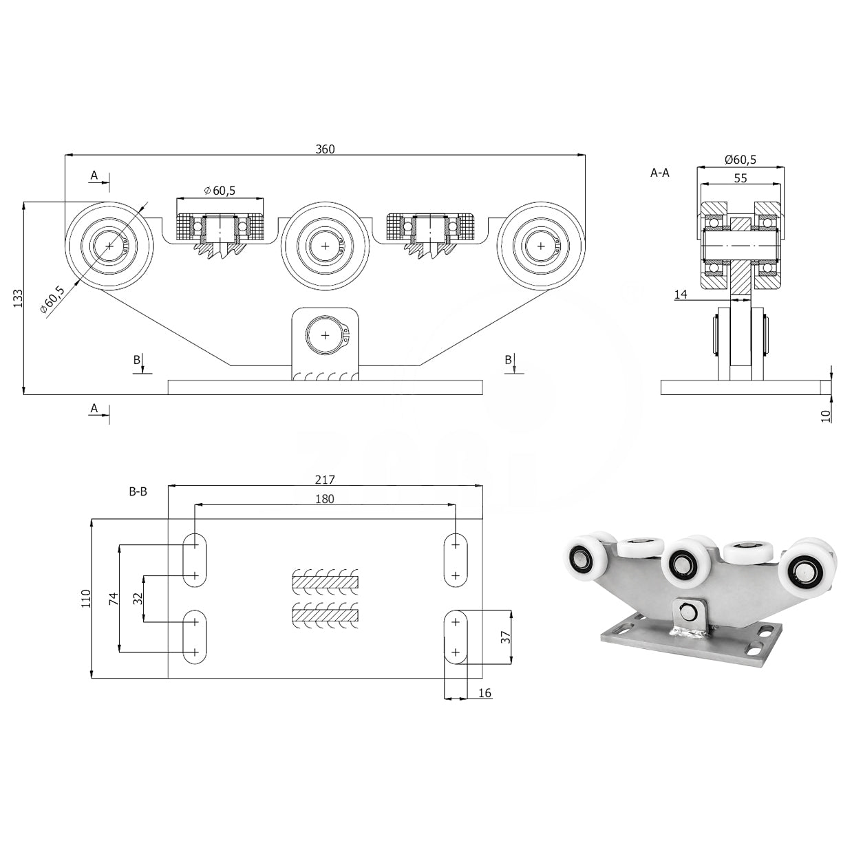 Torwagen für Schiebetore - für Profile 70 x 70 mm - Wandstärke 4 mm: W-8T-70