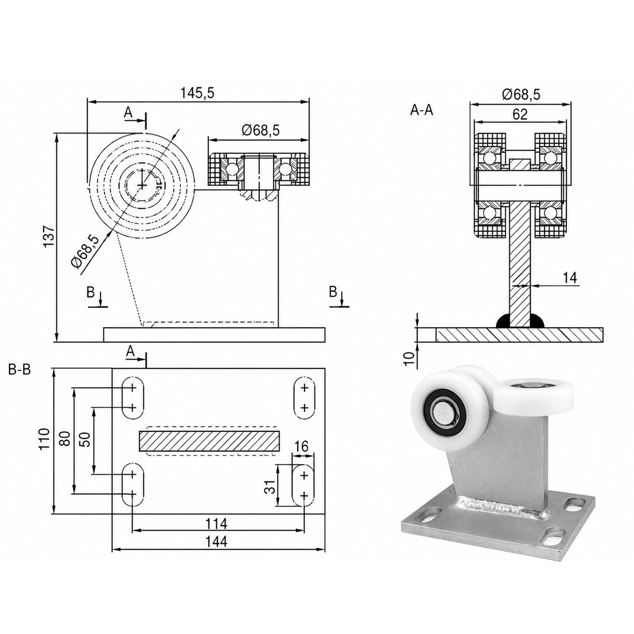 Torwagen für Schiebetore - für Profile 80 x 80 mm - Wandstärke 5 mm: 3T-80