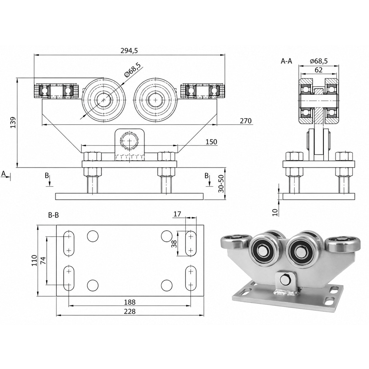 Torwagen für Schiebetore - für Profile 80 x 80 mm - Wandstärke 5 mm: W-6MM-80