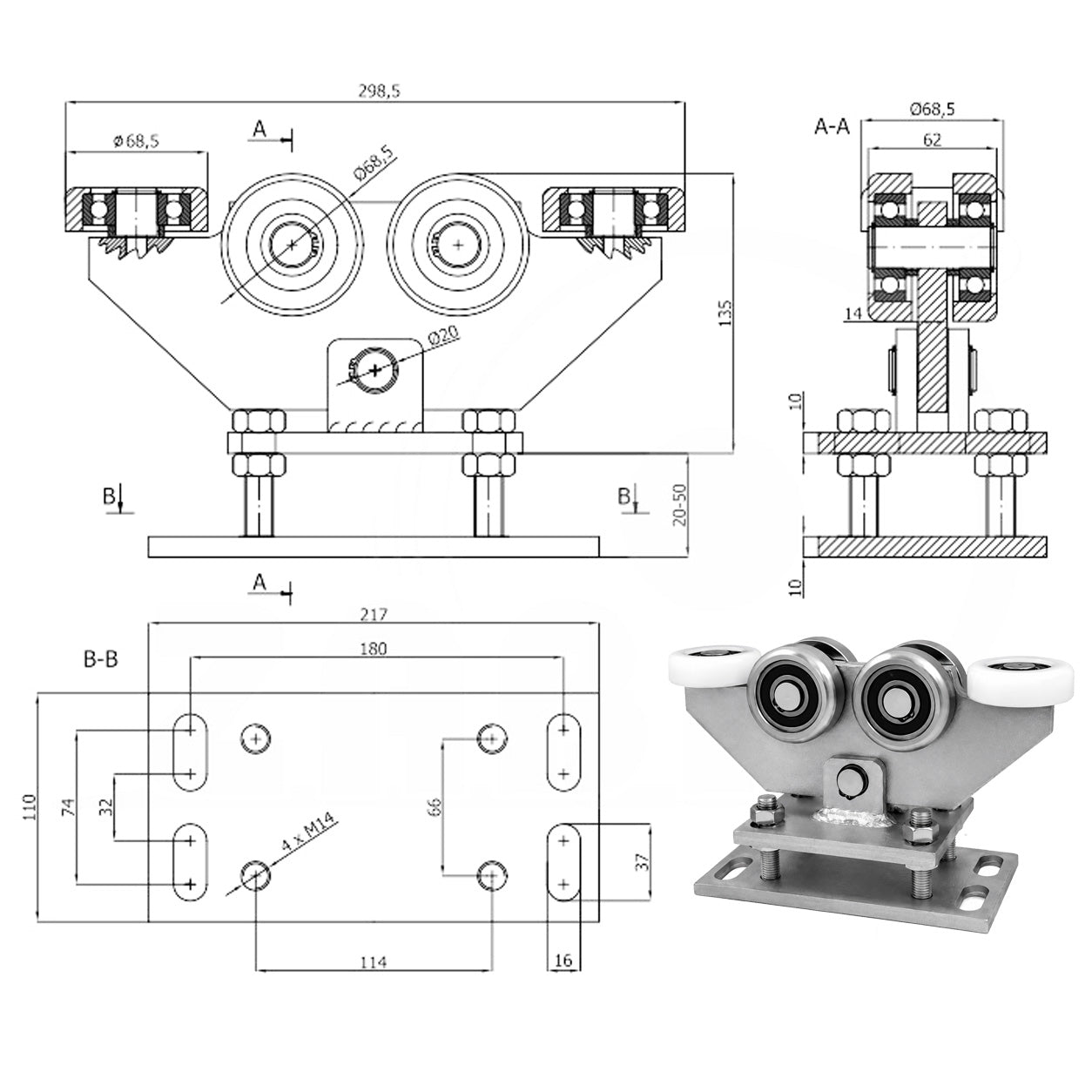 Torwagen für Schiebetore - für Profile 80 x 80 mm - Wandstärke 5 mm: WR-6M-80