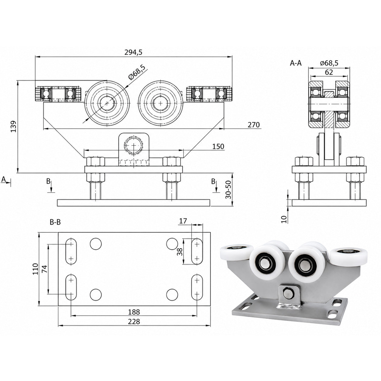 Torwagen für Schiebetore - für Profile 80 x 80 mm - Wandstärke 5 mm: W-6T-80