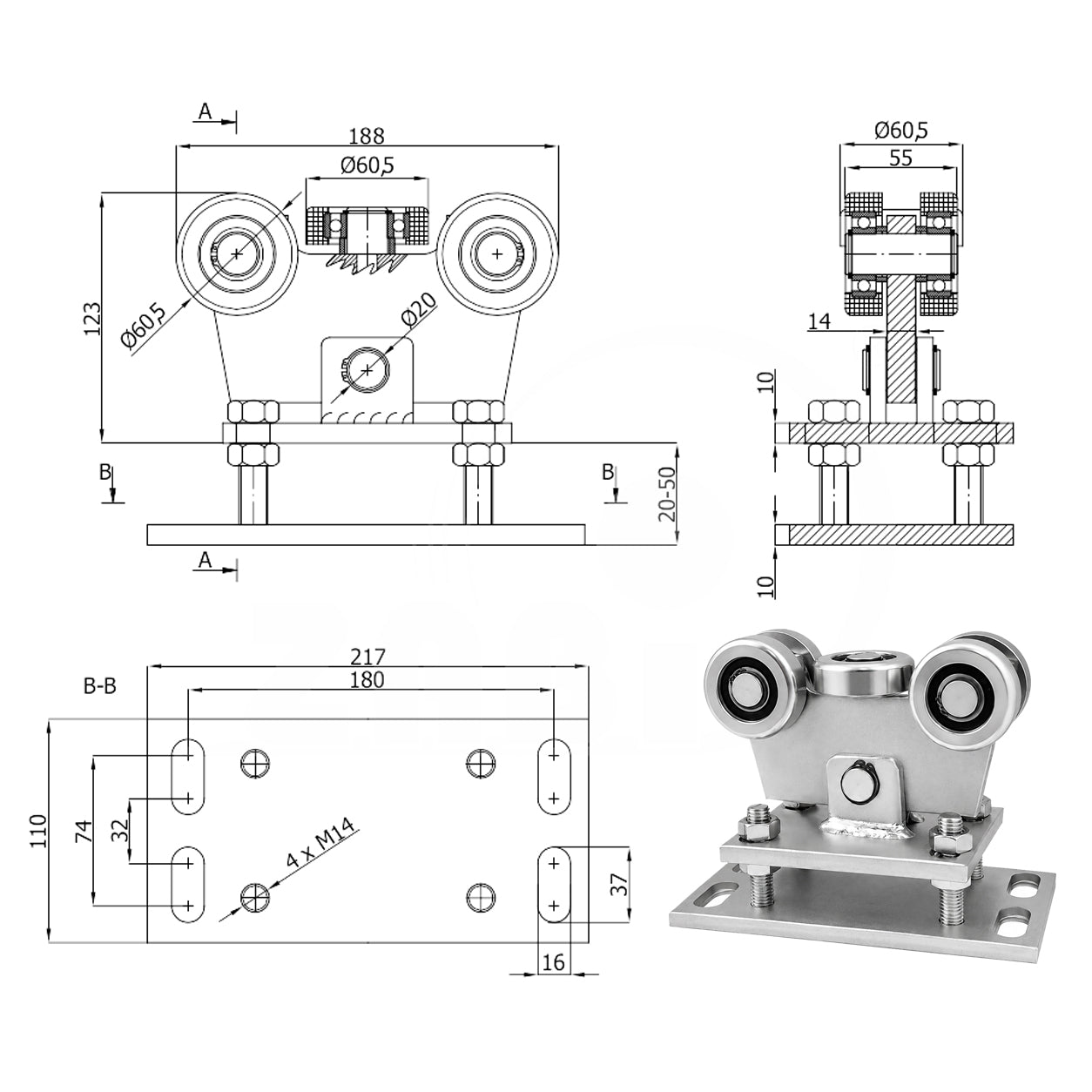 Torwagen für Schiebetore - für Profile 70 x 70 mm - Wandstärke 4 mm: WR-5MM-70