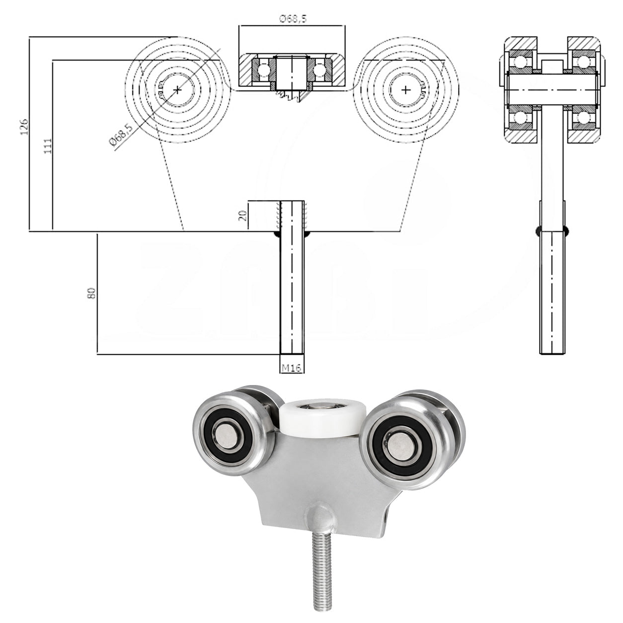 Torwagen für Schiebetore - für Profile 80 x 80 mm - Wandstärke 5 mm: G-5M-80/M16