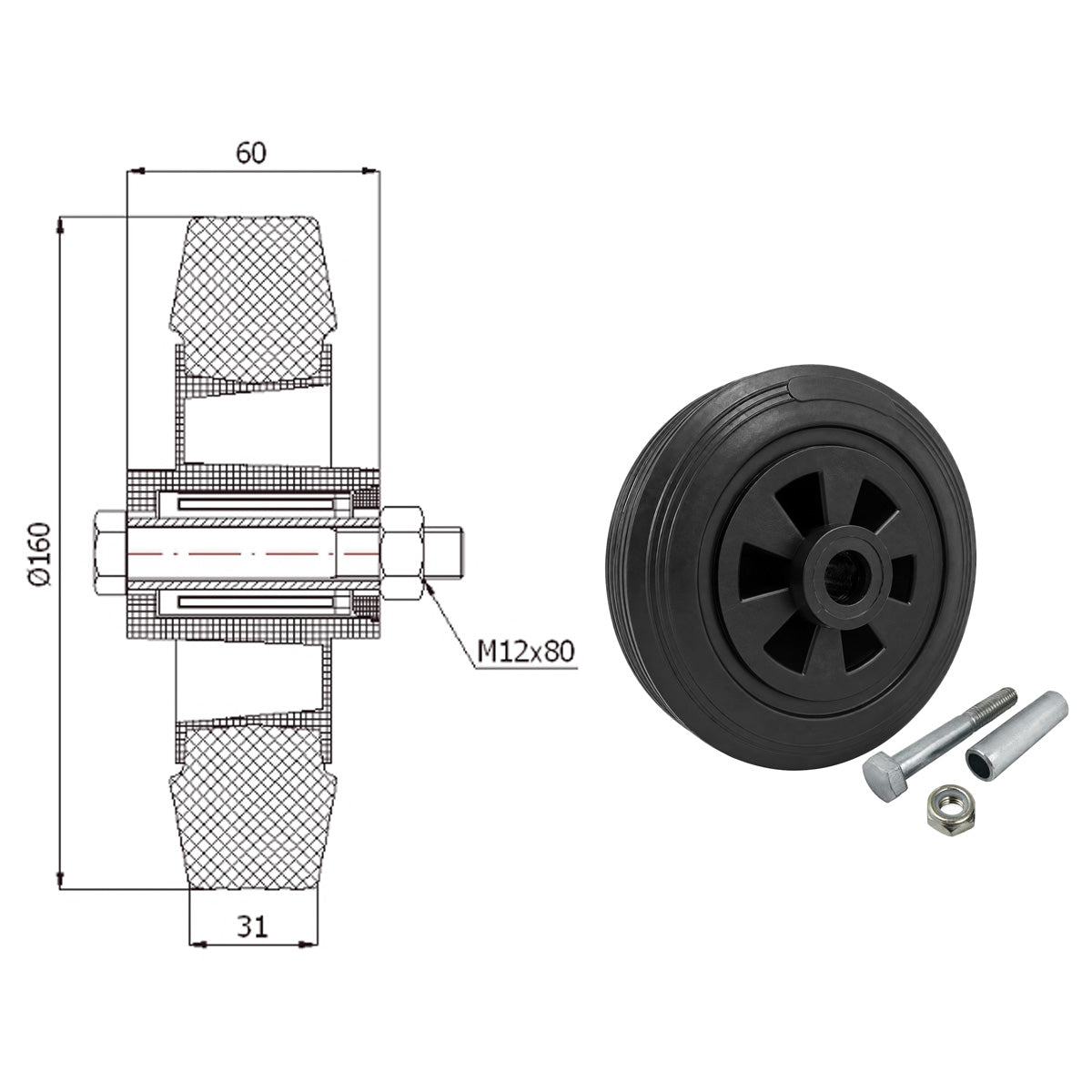 Kunststoff-Gummirrad Ø 160 mm Industrie Gummirad mit Montagesatz Code: 41T