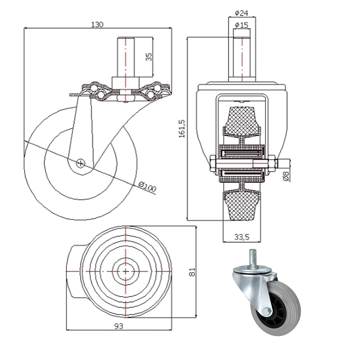 Kunststoff-Gummiräder mit Befestigungsstift Lenkrollen Ø100 mm Code: 14TS*15