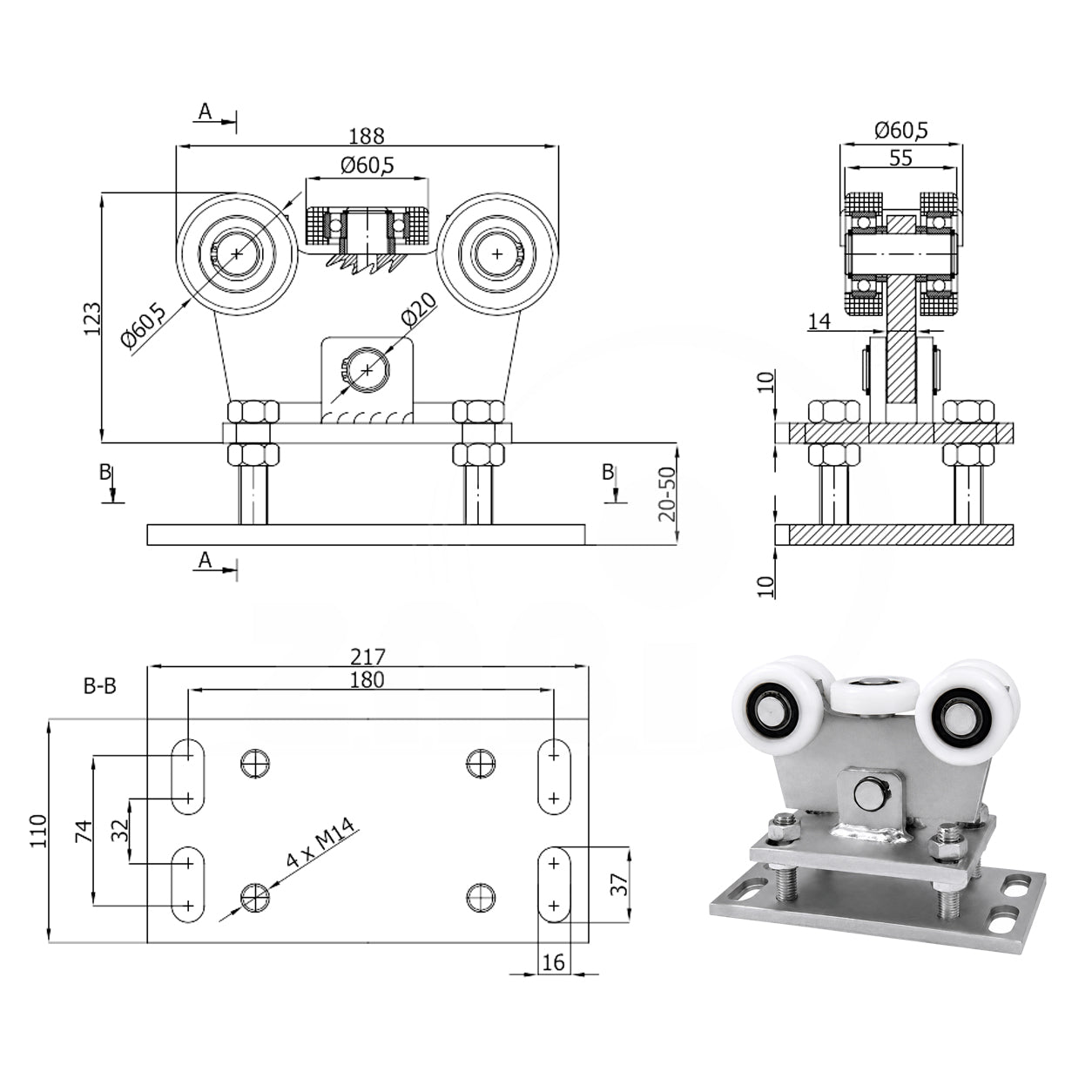 Torwagen für Schiebetore - für Profile 70 x 70 mm - Wandstärke 4 mm: WR-5T-70