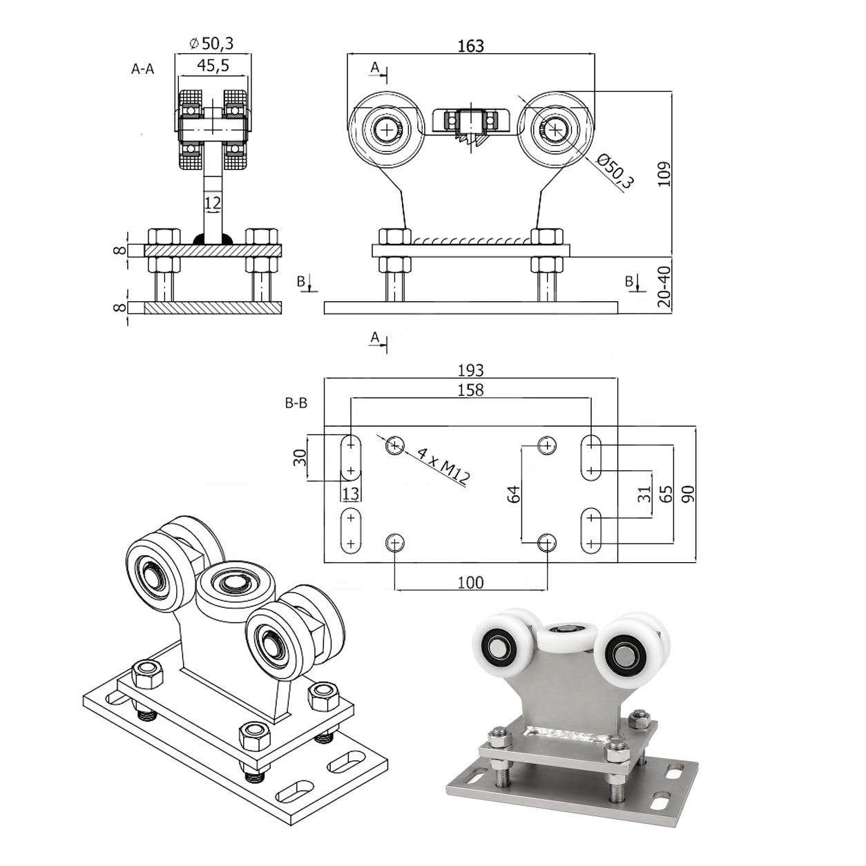 Torwagen für Schiebetore - für Profile 60 x 60 mm - Wandstärke 4 mm: R-5T-60/4