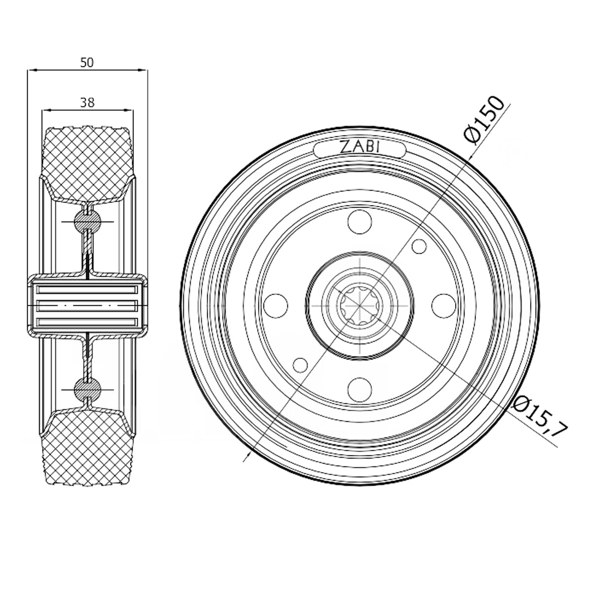 Ersatzrad Ø150 mm – Vollgummi Industrierad mit Kugellager für Transportwagen, Code: 70