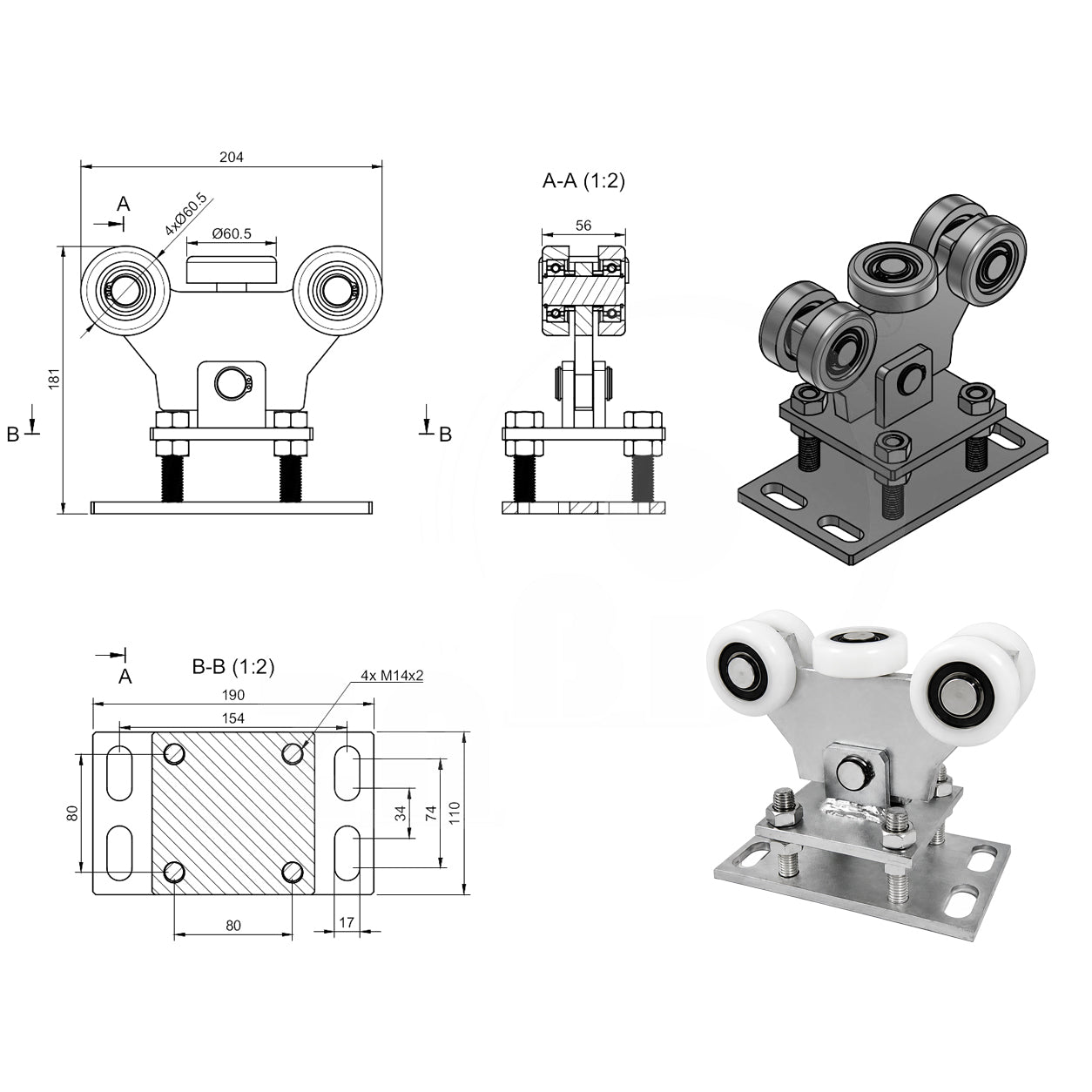 Torwagen für Schiebetore - für Profile 70 x 70 mm - Wandstärke 4 mm: WR-5T-70M