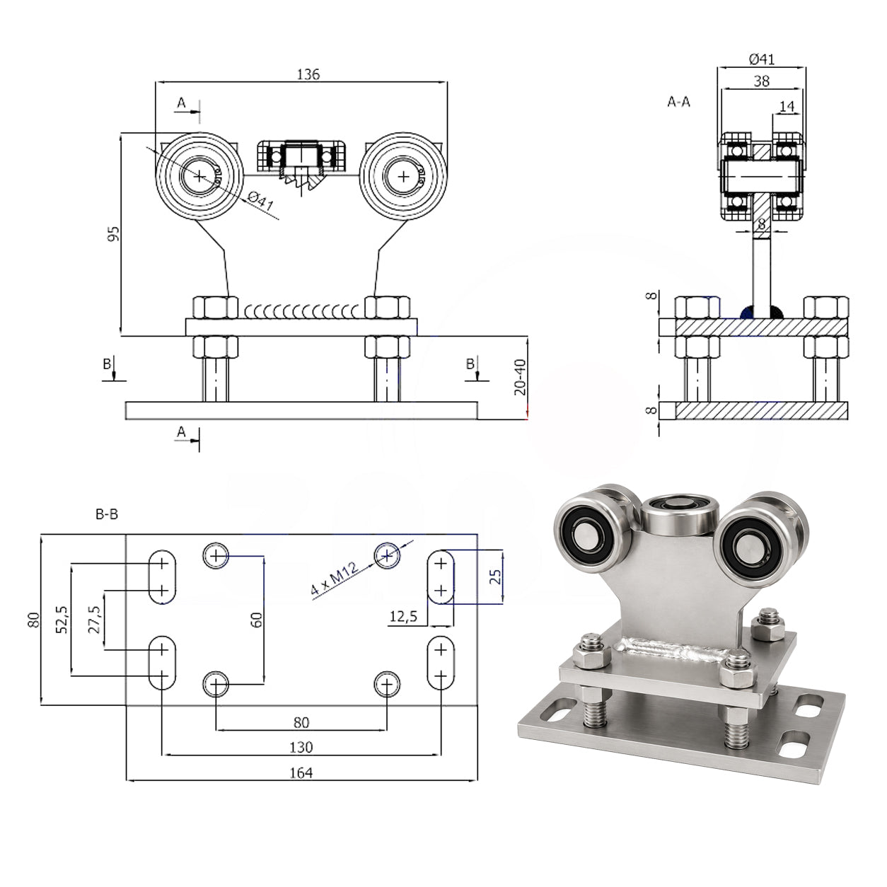 Torwagen für Schiebetore - für Profile 50 x 50 mm - Wandstärke 4 mm: R-5MM-50/4