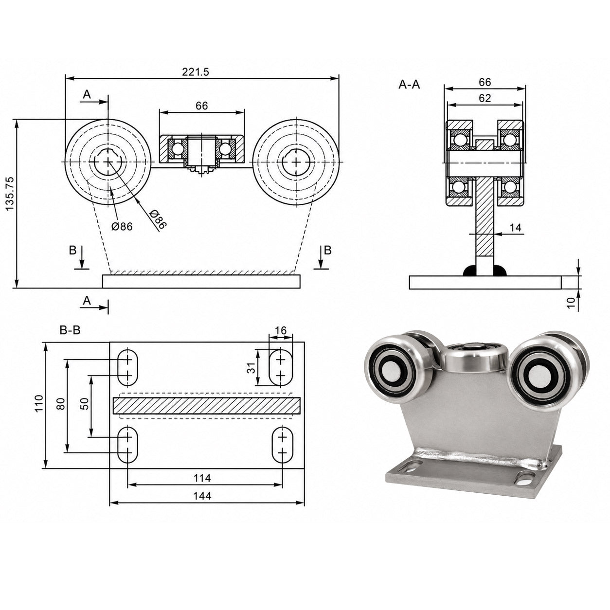 Torwagen für Schiebetore bis 180 °C – für Profile 80 × 80 mm – Wandstärke 5 mm: 5MM-80E