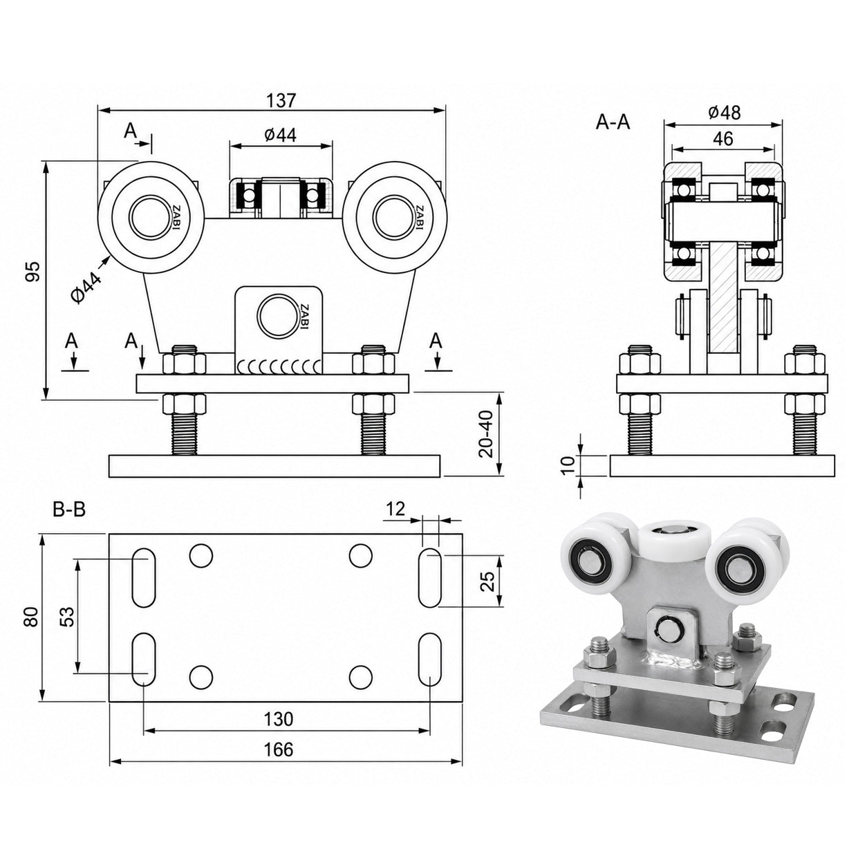 Torwagen für Schiebetore - für Profile 50x55 mm - Wandstärke 2,5 mm: WR-5T-50/55