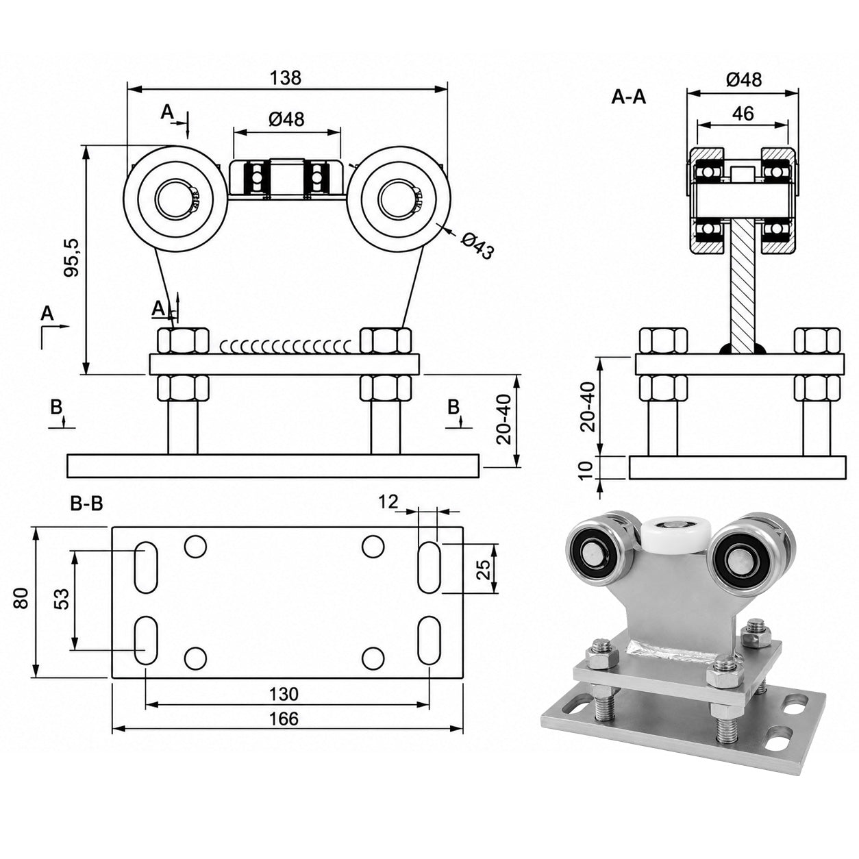Torwagen für Schiebetore - für Profile 50x55 mm - Wandstärke 2,5 mm: R-5M-50/55