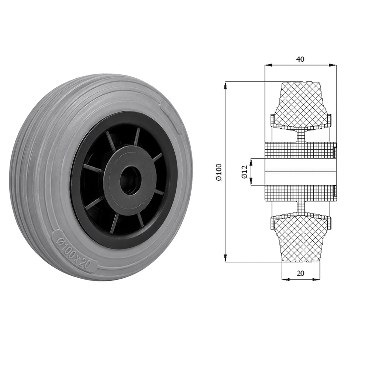 Vollgummi Rad Ø 100 mm mit Polypropylen-Felge Industrie Gummirad Code: 19TS