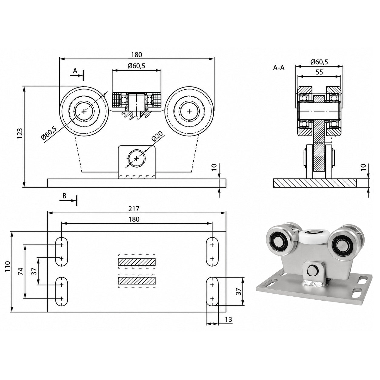 Torwagen für Schiebetore - für Profile 70 x 70 mm - Wandstärke 4 mm: W-5M-70