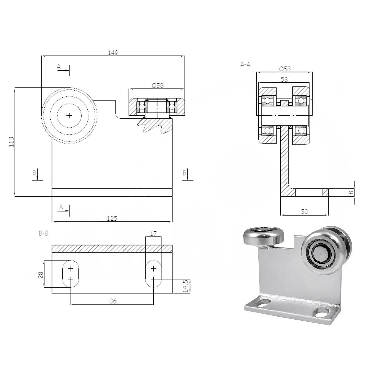 Torwagen für Schiebetore bis 180 °C – für Profile 70 × 70 mm – Wandstärke 4 mm: P-3M-70E