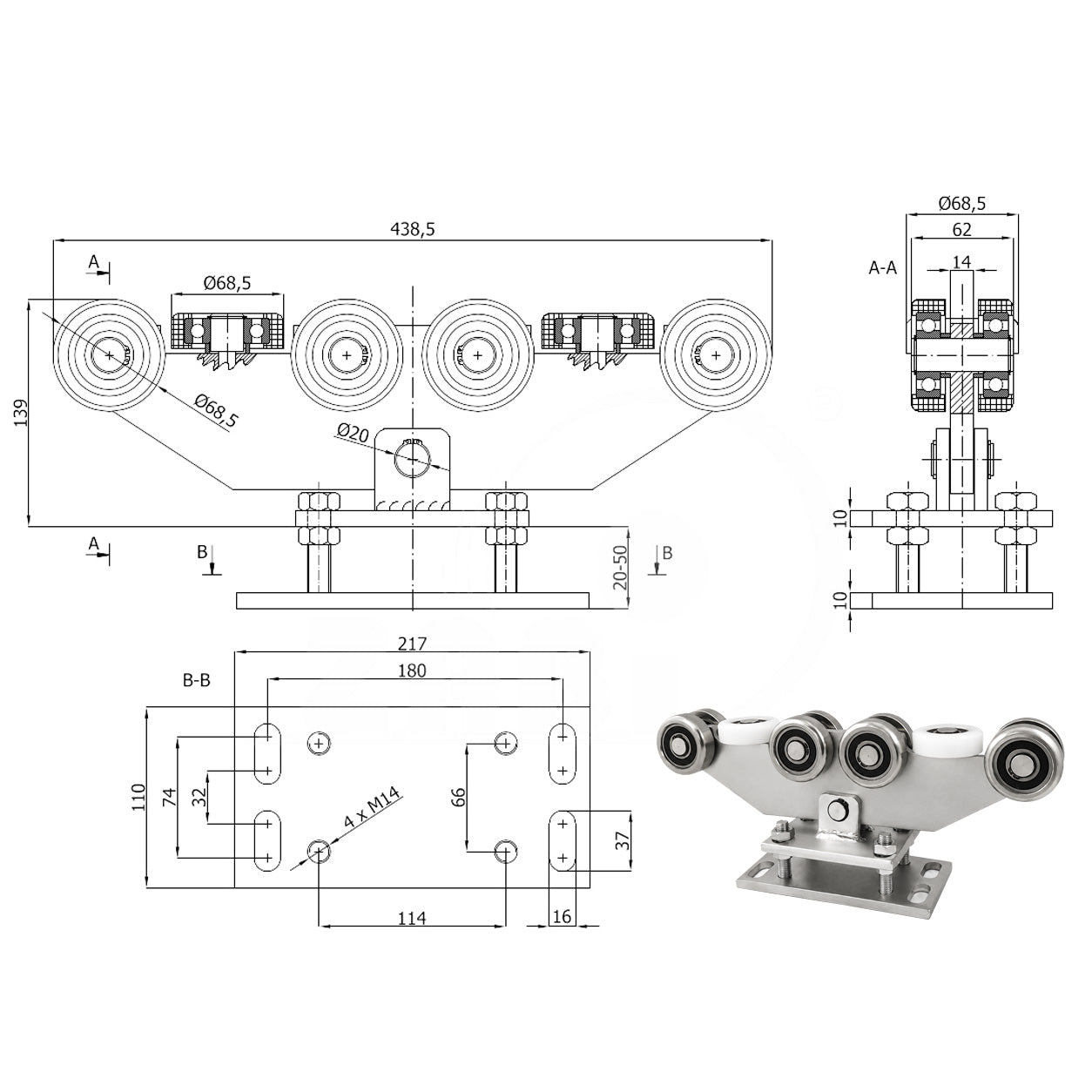 Torwagen für Schiebetore - für Profile 80 x 80 mm - Wandstärke 5 mm: WR-10M-80