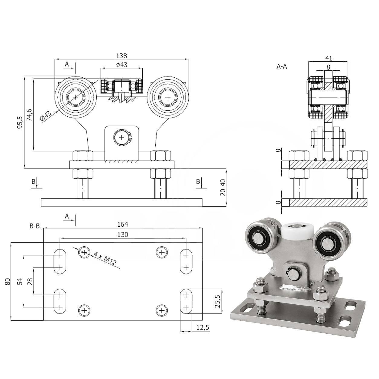 Torwagen für Schiebetore - für Profile 50x50 mm - Wandstärke 2,5 mm: WR-5M-50